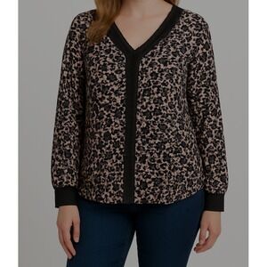 Belle by Kim Gravel Women Size L Floral Blouse Long Sleeve V Neck Lace Trim
